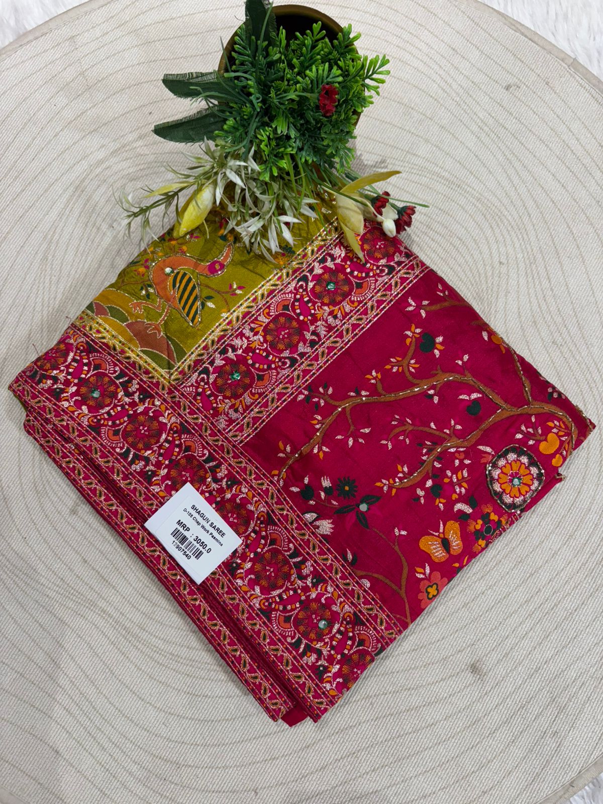 ✨ Traditional Pashmina Saree with Red Maroon Pallu 🕊️ | Moti & Embroidery Bird Design 🌳 | Festive & Wedding Wear 💃