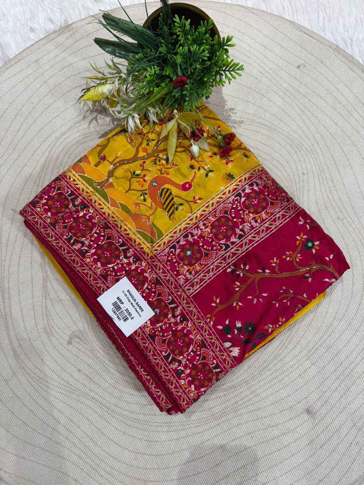 ✨ Traditional Pashmina Saree with Red Maroon Pallu 🕊️ | Moti & Embroidery Bird Design 🌳 | Festive & Wedding Wear 💃
