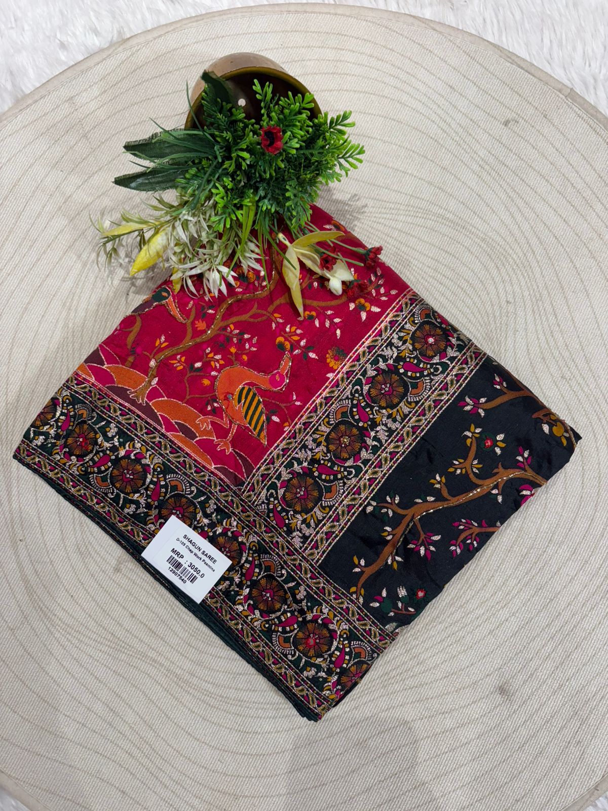 ✨ Traditional Pashmina Saree with Red Maroon Pallu 🕊️ | Moti & Embroidery Bird Design 🌳 | Festive & Wedding Wear 💃