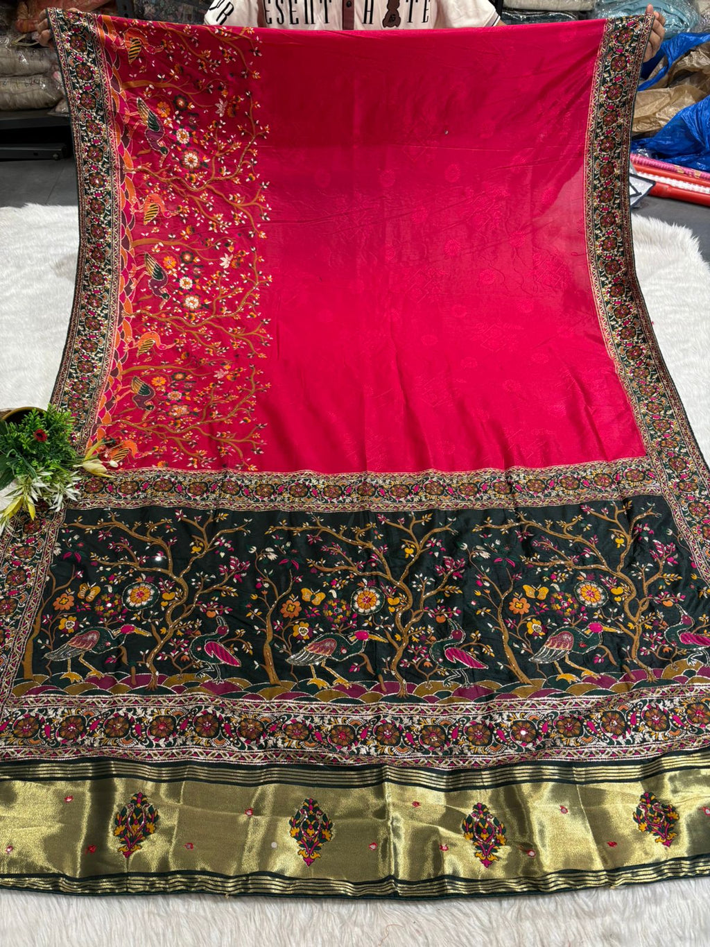 ✨ Traditional Pashmina Saree with Red Maroon Pallu 🕊️ | Moti & Embroidery Bird Design 🌳 | Festive & Wedding Wear 💃
