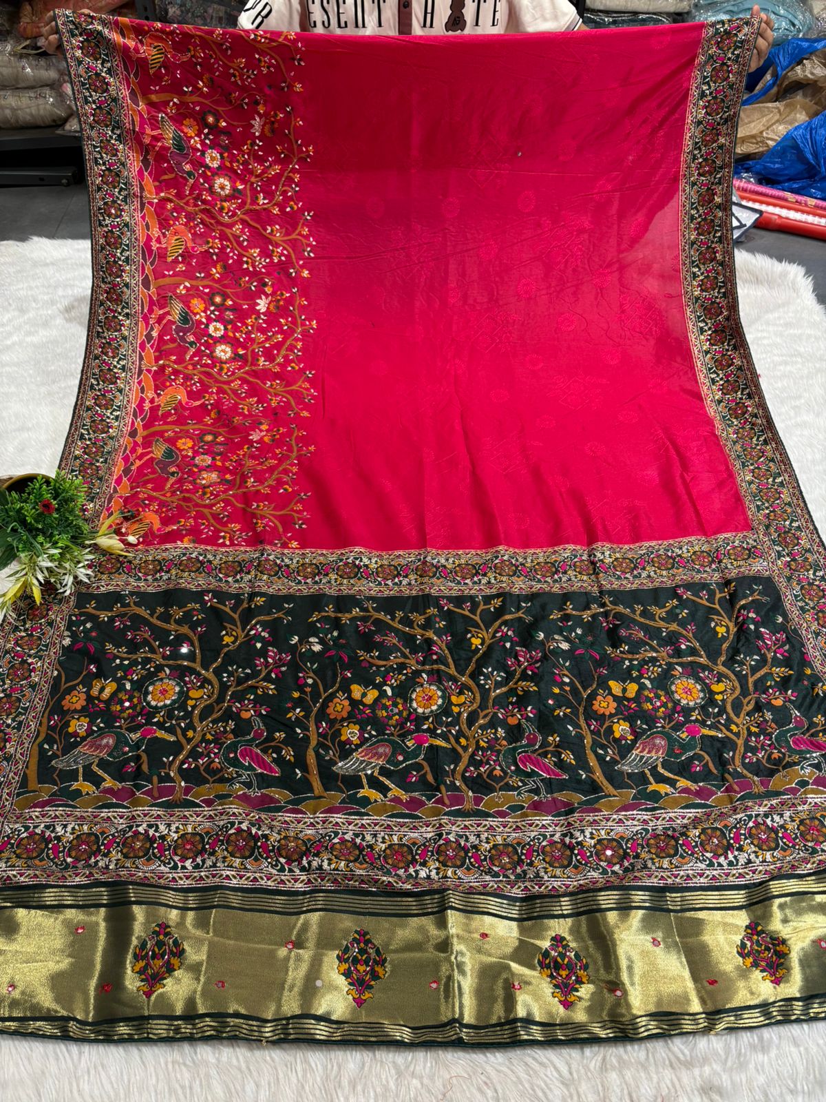 ✨ Traditional Pashmina Saree with Red Maroon Pallu 🕊️ | Moti & Embroidery Bird Design 🌳 | Festive & Wedding Wear 💃