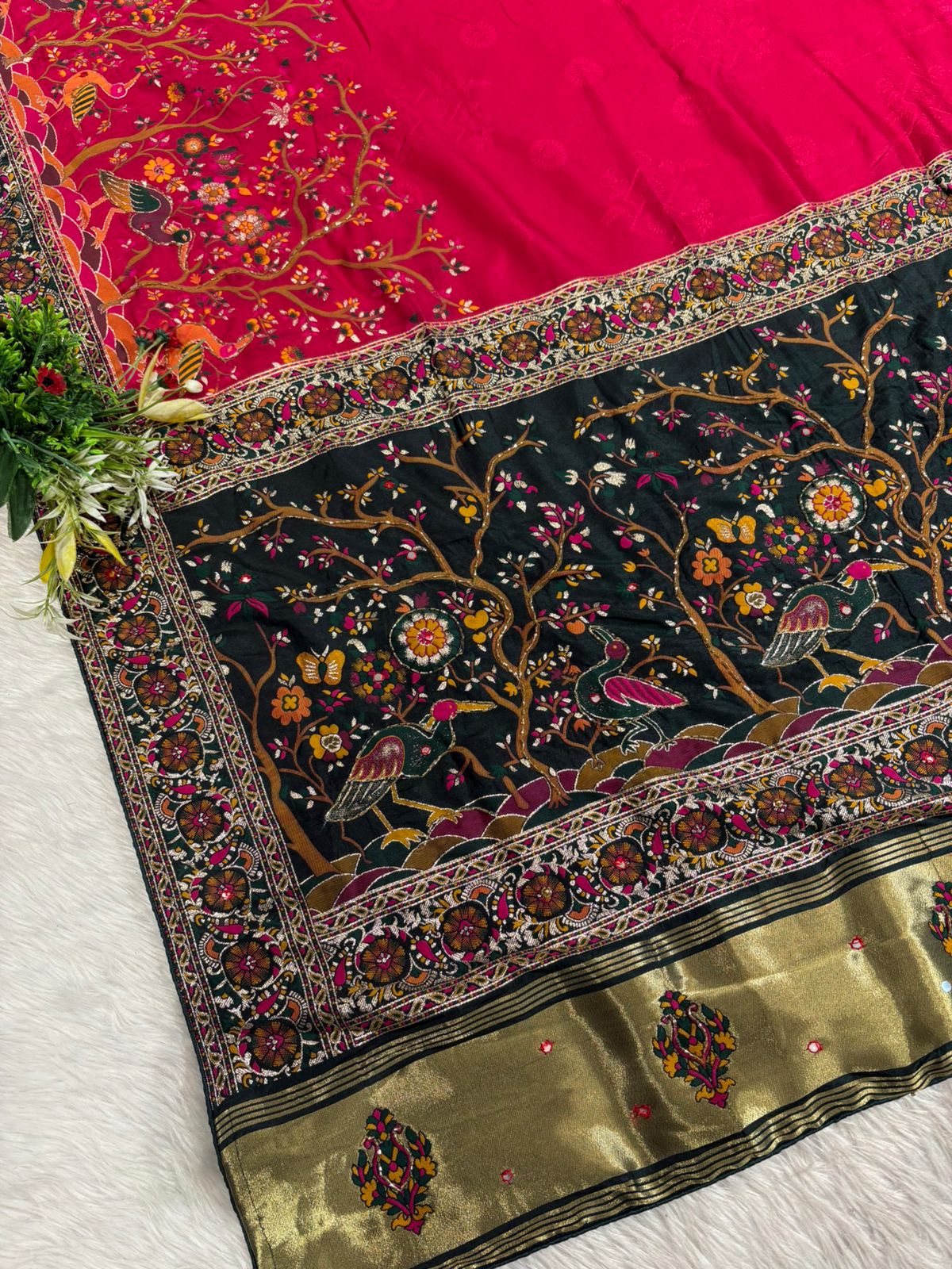 ✨ Traditional Pashmina Saree with Red Maroon Pallu 🕊️ | Moti & Embroidery Bird Design 🌳 | Festive & Wedding Wear 💃