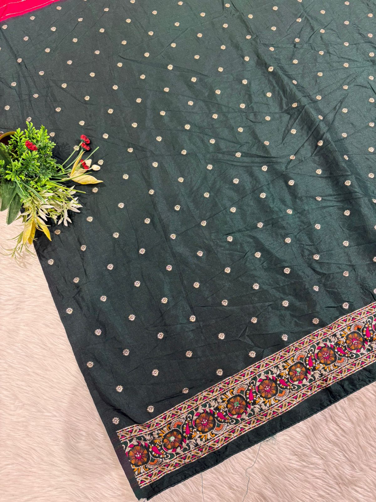 ✨ Traditional Pashmina Saree with Red Maroon Pallu 🕊️ | Moti & Embroidery Bird Design 🌳 | Festive & Wedding Wear 💃