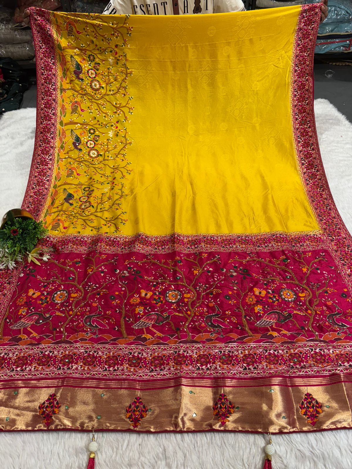 ✨ Traditional Pashmina Saree with Red Maroon Pallu 🕊️ | Moti & Embroidery Bird Design 🌳 | Festive & Wedding Wear 💃