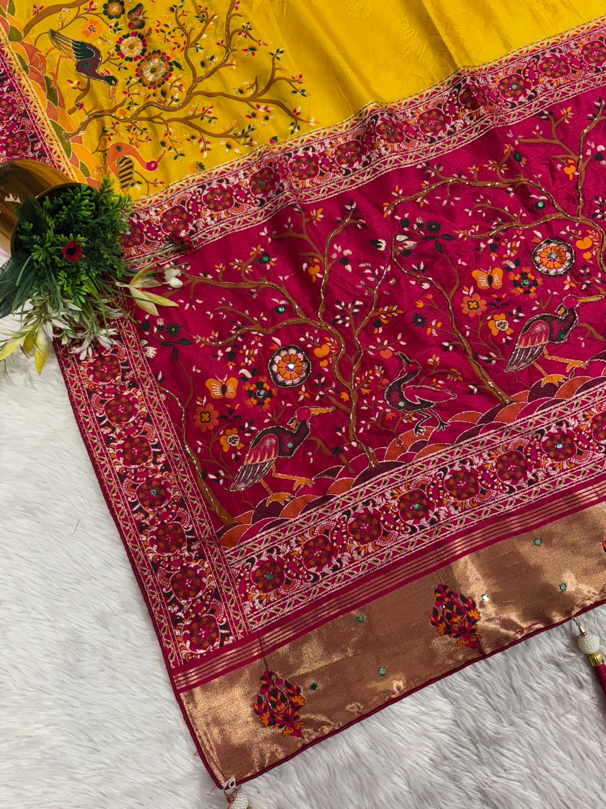 ✨ Traditional Pashmina Saree with Red Maroon Pallu 🕊️ | Moti & Embroidery Bird Design 🌳 | Festive & Wedding Wear 💃