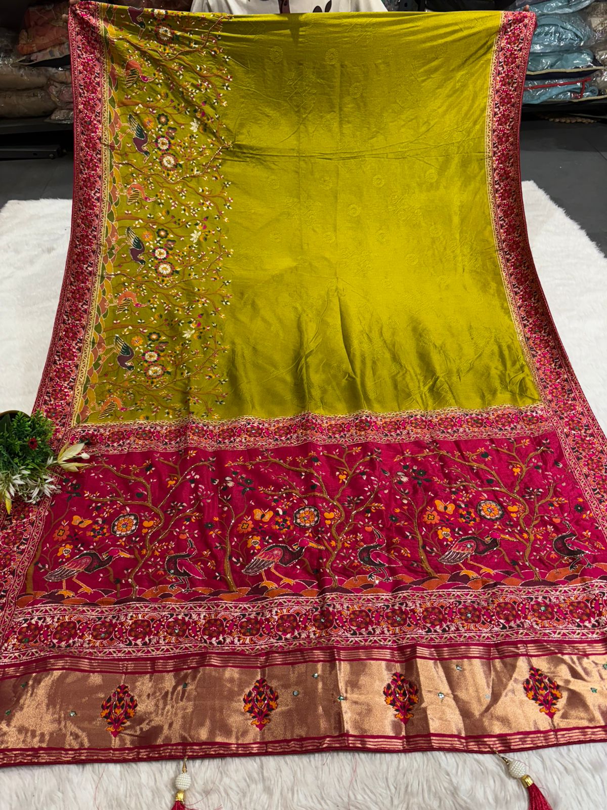 ✨ Traditional Pashmina Saree with Red Maroon Pallu 🕊️ | Moti & Embroidery Bird Design 🌳 | Festive & Wedding Wear 💃
