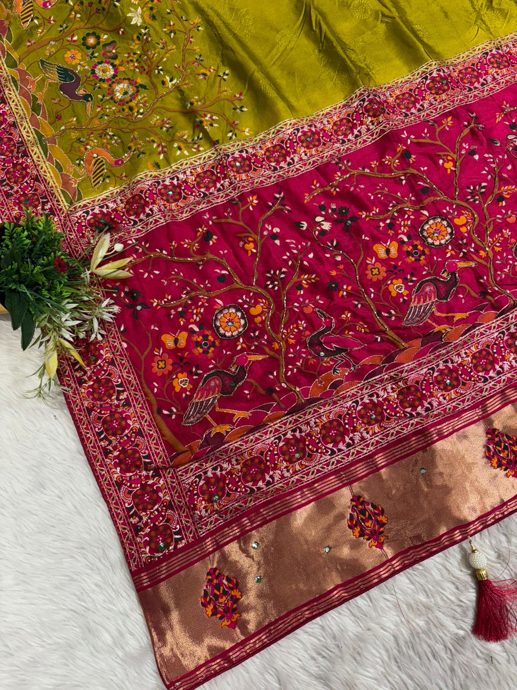 ✨ Traditional Pashmina Saree with Red Maroon Pallu 🕊️ | Moti & Embroidery Bird Design 🌳 | Festive & Wedding Wear 💃