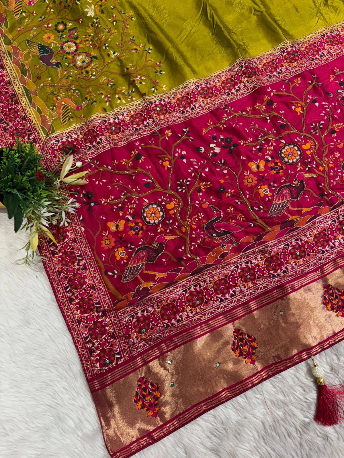 ✨ Traditional Pashmina Saree with Red Maroon Pallu 🕊️ | Moti & Embroidery Bird Design 🌳 | Festive & Wedding Wear 💃