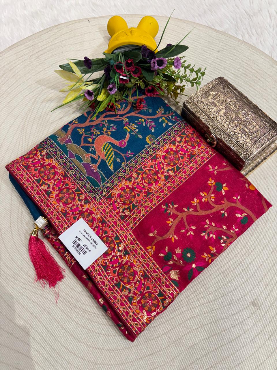 Pashmina Saree with Peacock & Floral Pallu